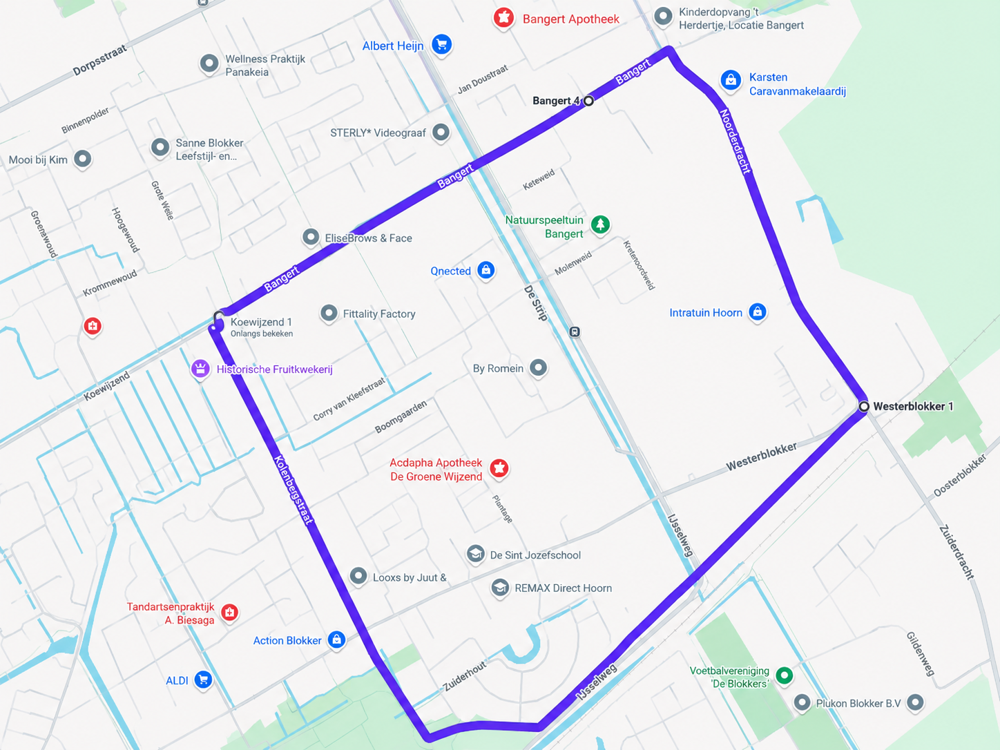Kaart van BuurtApp Blokker e.o. met paarse belijning